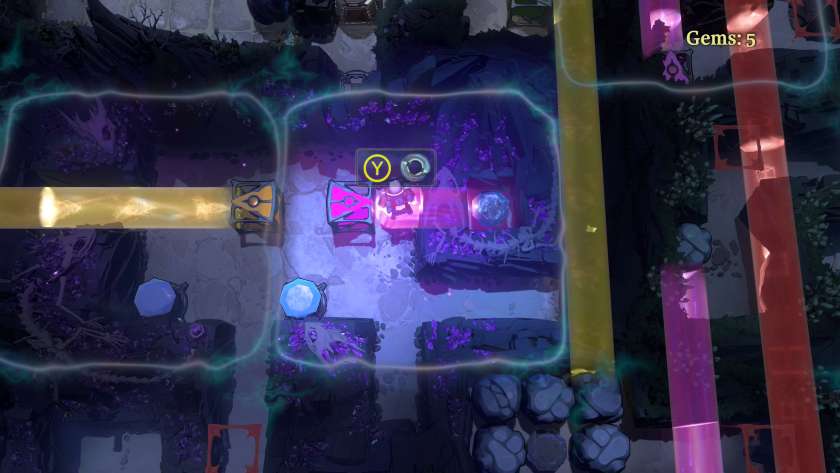The Explorer standing in a purple beam in a dark labyrinth. There are other coloured beams lighting up areas. Published on LadiesGamers