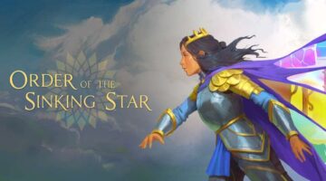Promotional image for Order of the Sinking Star showing The Queen, with a flowing cape, images in the cape show the four different puzzle regions. Published on LadiesGamers.