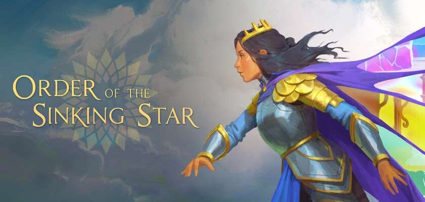 Promotional image for Order of the Sinking Star showing The Queen, with a flowing cape, images in the cape show the four different puzzle regions. Published on LadiesGamers.