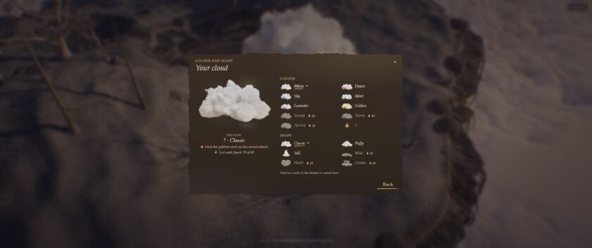 Nedi Cloud Simulator screenshot showing the cloud customization menu with different cloud shapes and colors available to unlock.