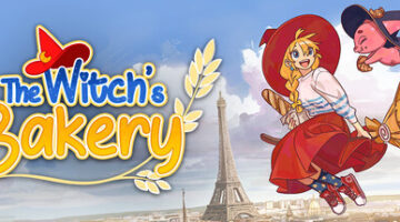 a blonde girl with a red skirt and a red hat on a broom flying on the side of the Eifel tower with the title of the game on the other side - The Witch's Bakery