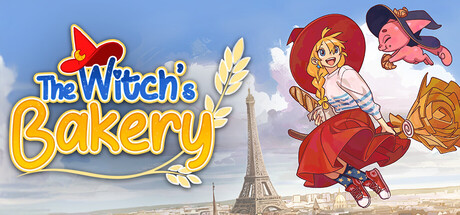 a blonde girl with a red skirt and a red hat on a broom flying on the side of the Eifel tower with the title of the game on the other side - The Witch's Bakery