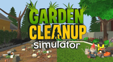 the title Garden Cleanup Simulation on the background of a garden