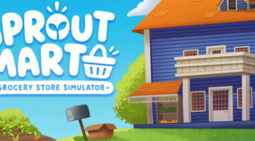 a blue house and on the side the title - sproutmart grocery store simulator