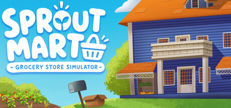 a blue house and on the side the title - sproutmart grocery store simulator