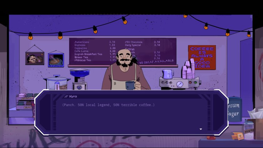 Mithra gameplay showing Kyra talking to Panch at his neighborhood coffee stand.