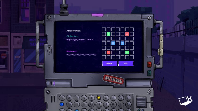 Mithra gameplay showing an unsolved decryption puzzle in the KODEX Codebreaker.