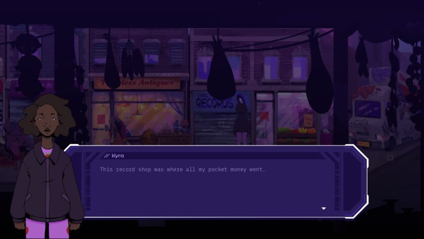 Mithra gameplay showing Kyra exploring neighborhood shops and remembering the record store where she spent her pocket money.