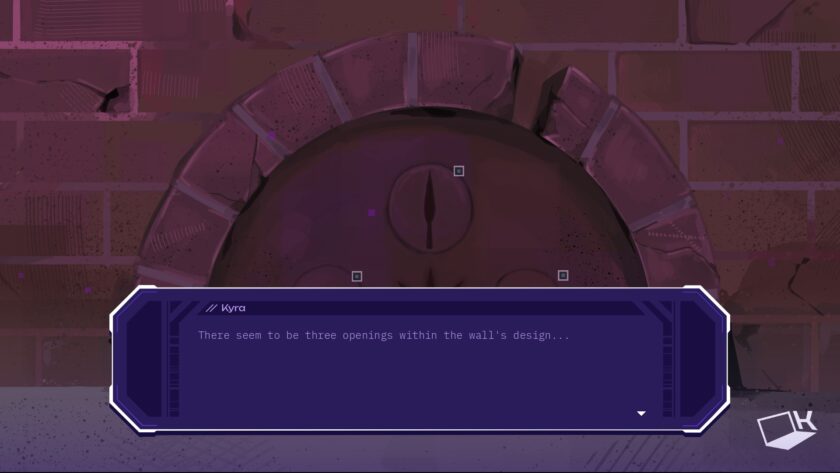 Mithra gameplay showing Kyra investigating a mysterious circular wall design with three openings