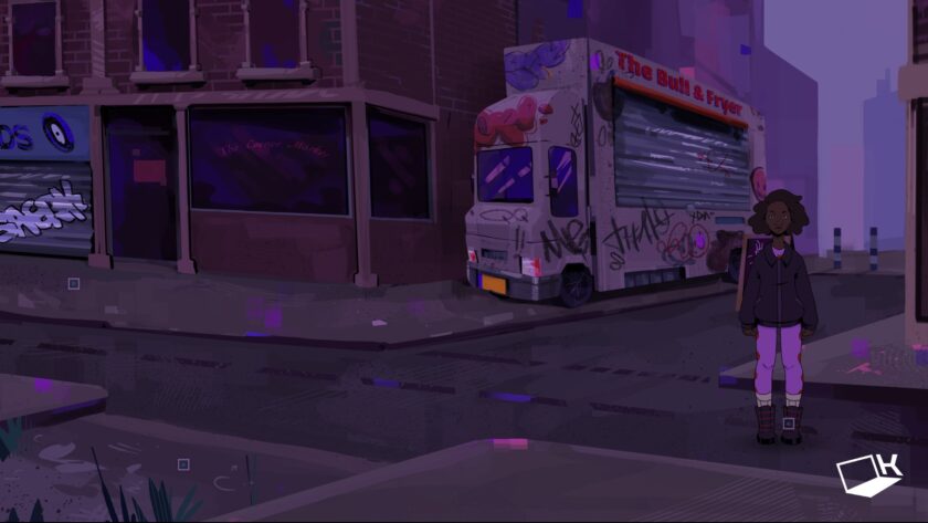 Mithra gameplay showing Kyra standing on a city street beside the Bull & Fryer food truck.