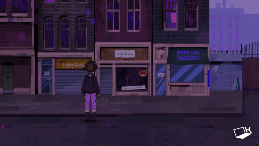 Mithra gameplay showing Kyra standing alone on a quiet city street in front of several storefronts.