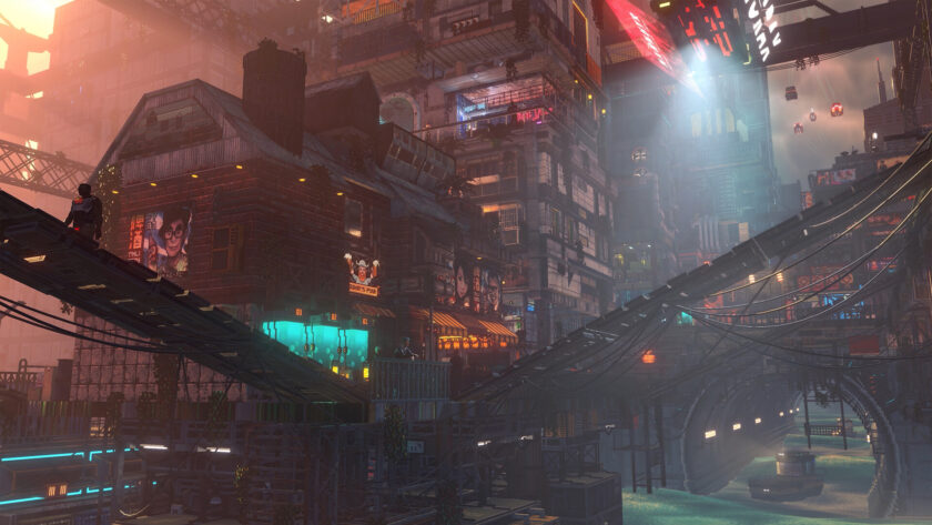 a cyberpunk city with neon sights