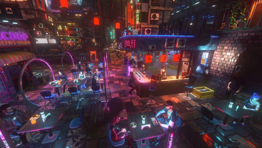 a birds view of a ramen stand in a cyberpunk setting