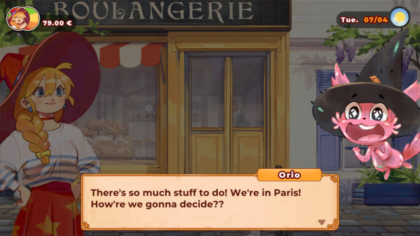 a witch and a purple cat talking about exploring Paris