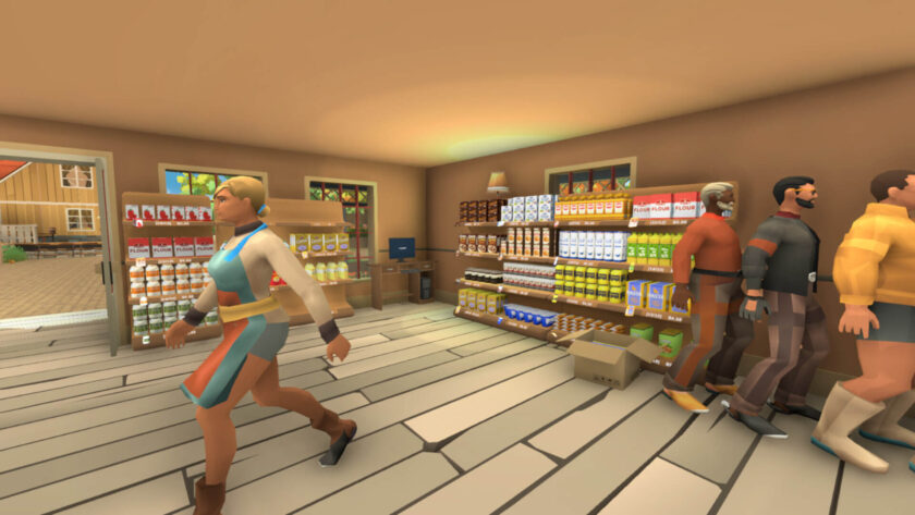 an interior of a store with people