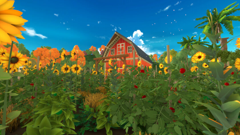 a row of tomatoes and a house in the background