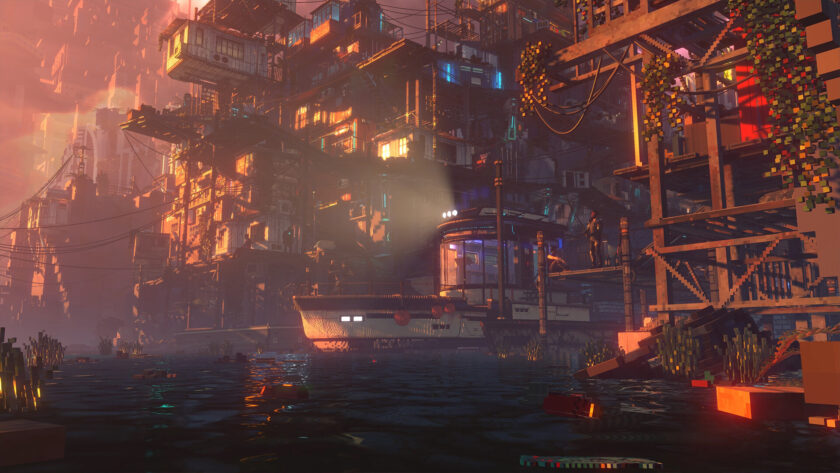 a scene with a boat and a cyberpunk city in the background