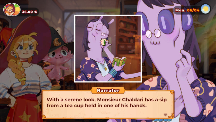 a purple snail with hair and glasses drinking tea from a tea cup