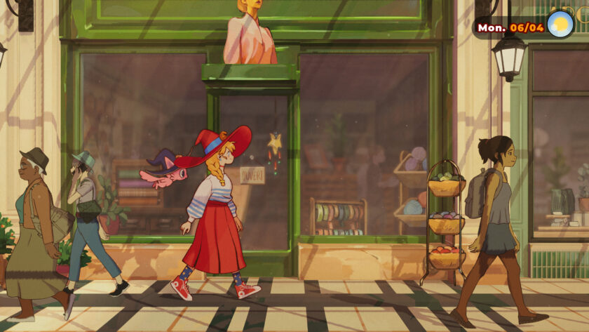 a witch in a red skirt and a purple cat walking on the street