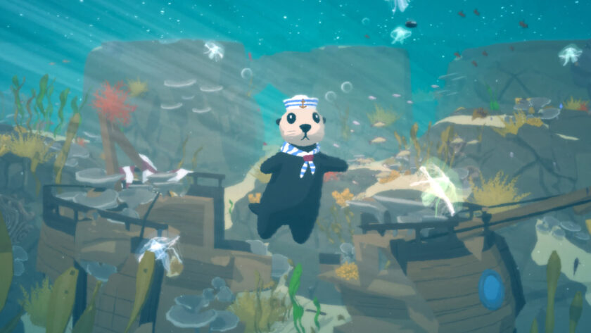 an otter in a sailor suit underwater