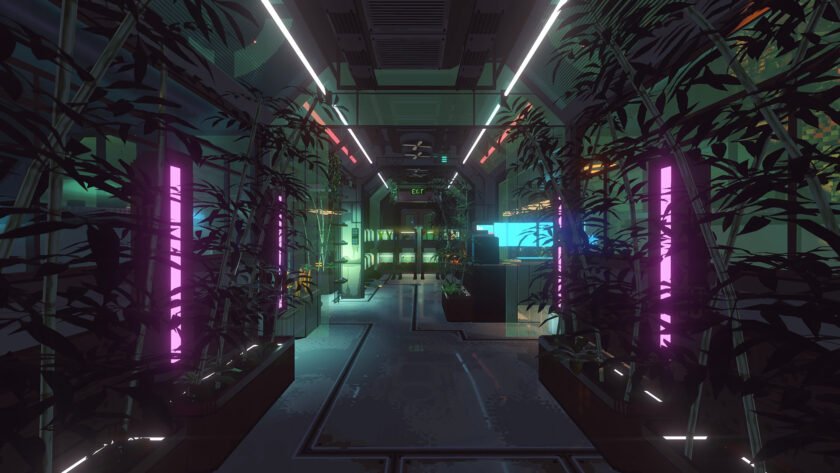 a hallway with plants and neon lights